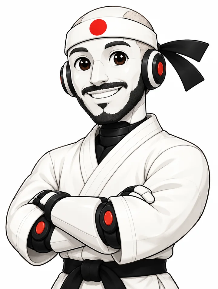 Danielson: the robot portrait of founder Danny Sanchez, with a white dome, trimmed dark beard, wide smile, white gi, black belt and red sun headband