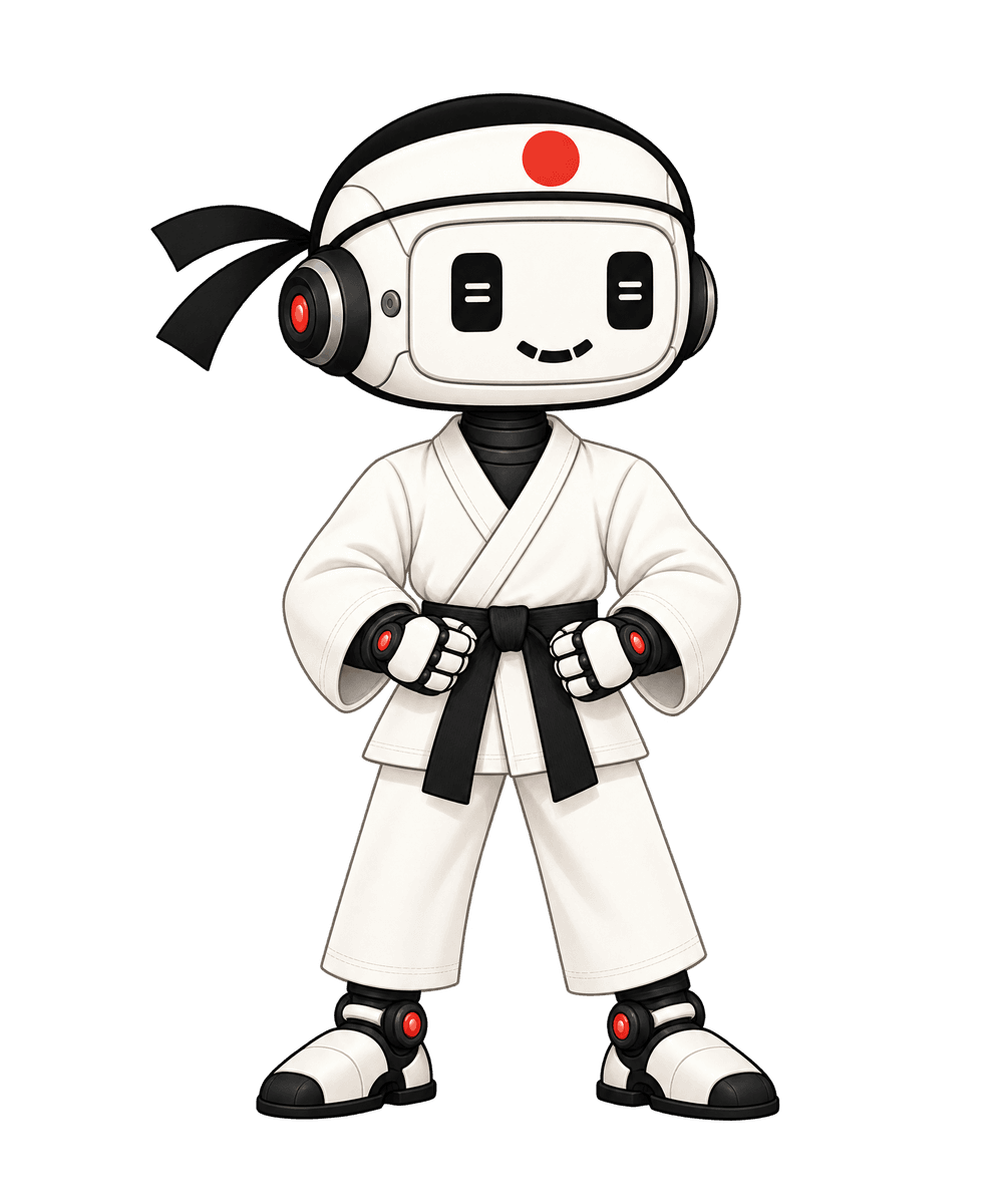 The robot sensei in a calm ready stance with fists at the belt