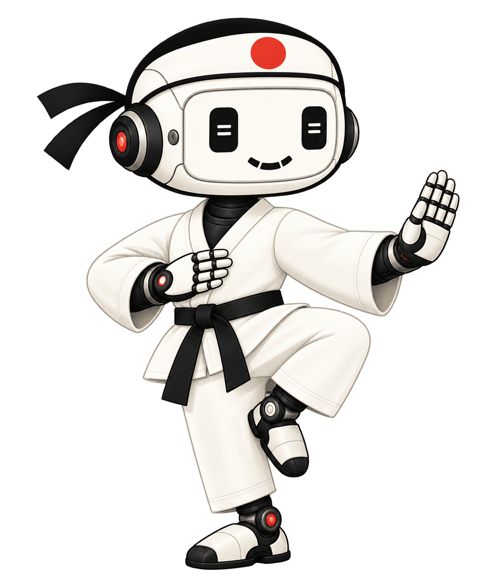 The Creatr Dojo robot sensei balanced in a crane stance with one palm raised